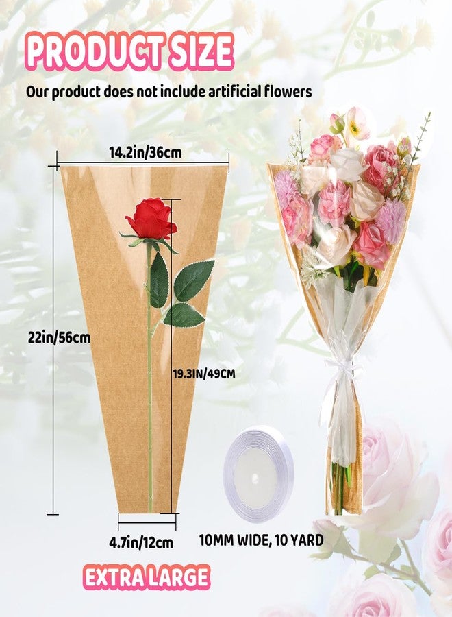 HSONAIGEE 50 Pieces Flower Bouquet Wrapping Paper, 22 x 14.2 Inch Extra Large Flower Bags for Bouquets Kraft Floral Wrap Sleeves with Ribbons for Home Mother’s Day Wedding Flower Bar Supplies - Image 2